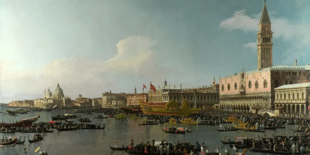 La Serenissima in festa: gondole e imbarcazioni affollano il bacino di San Marco, con il Palazzo Ducale e la Basilica a fare da sfondo a un tripudio di colori e vita.