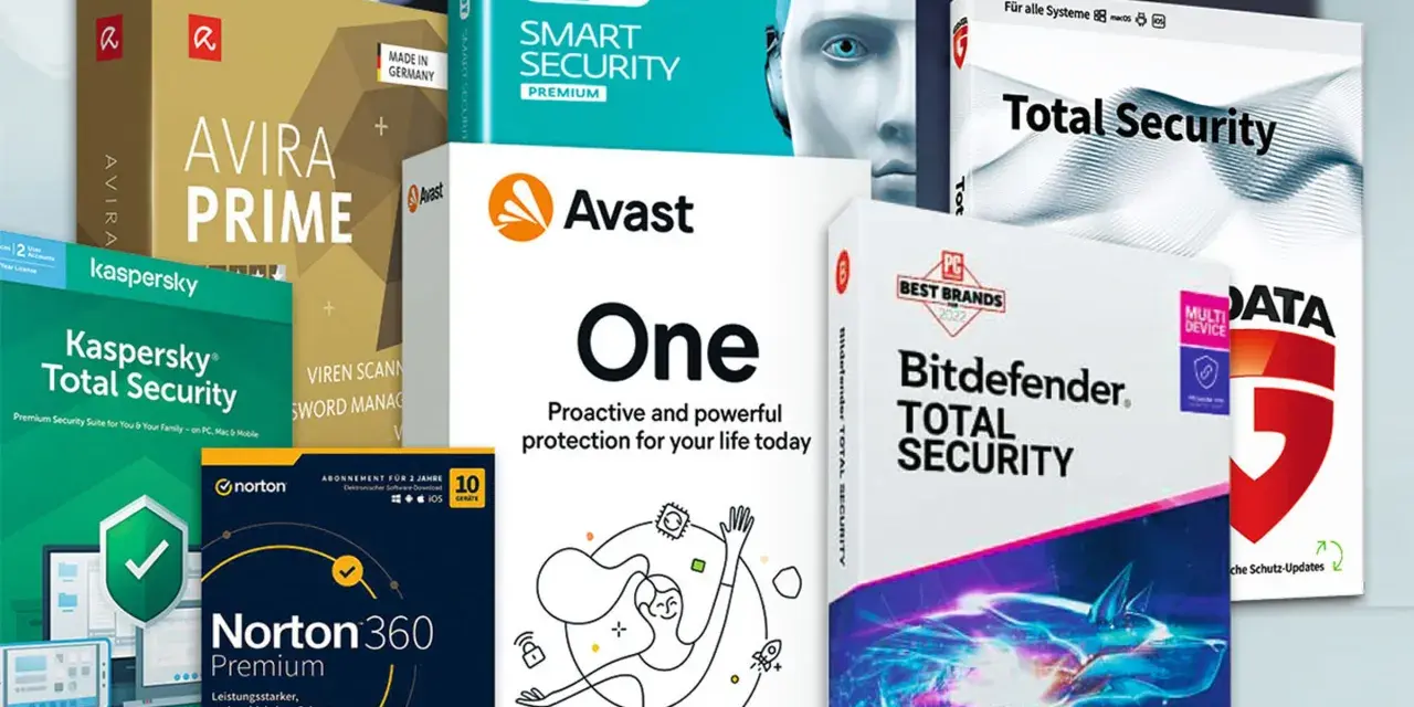 Pudełka programów antywirusowych: Avira Prime, Kaspersky Total Security, Avast One, Bitdefender Total Security, Norton 360 Premium.