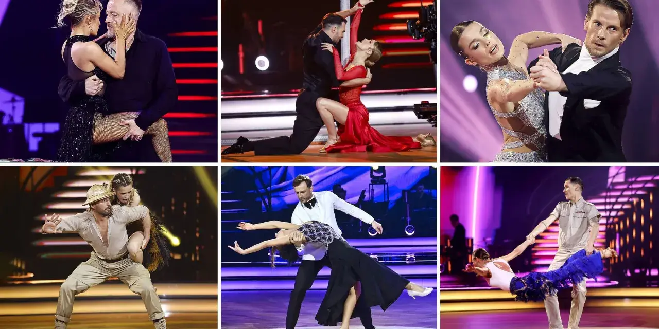 Pary tańczące w rytm piosenek do tańca. Widać ich w różnych stylizacjach i układach choreograficznych na scenie.