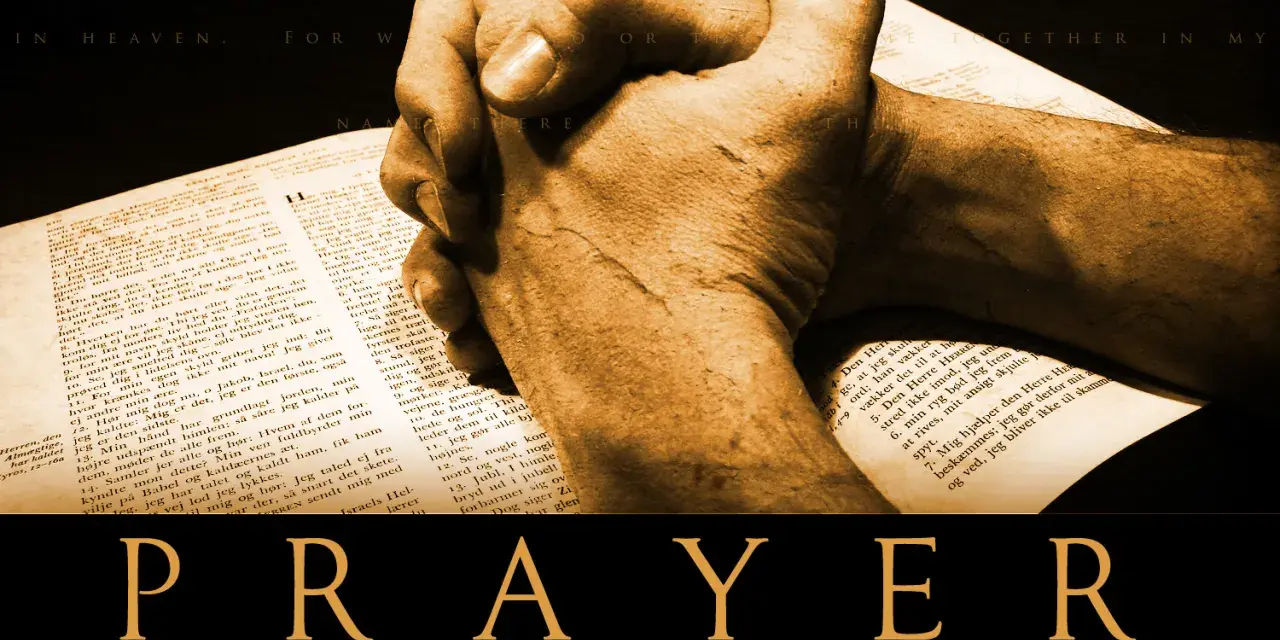 Hands clasped in prayer over an open Bible, with "PRAYER REQUESTS" displayed below.