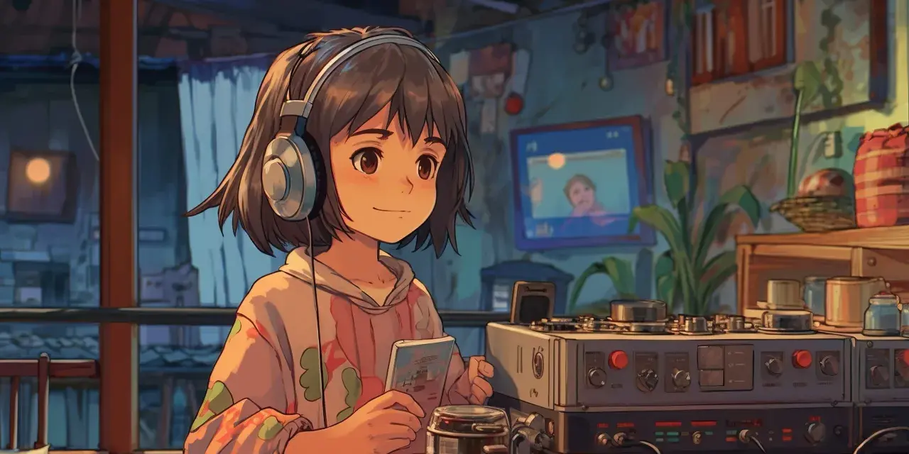 Une jeune fille avec des écouteurs profite d'une ambiance lo fi, tenant un livre et regardant un écran.