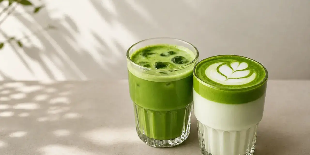Dwa orzeźwiające napoje matcha w szklankach. Jeden z lodem, drugi z pianką i wzorem. Idealne, by dowiedzieć się, jak zrobic matche.