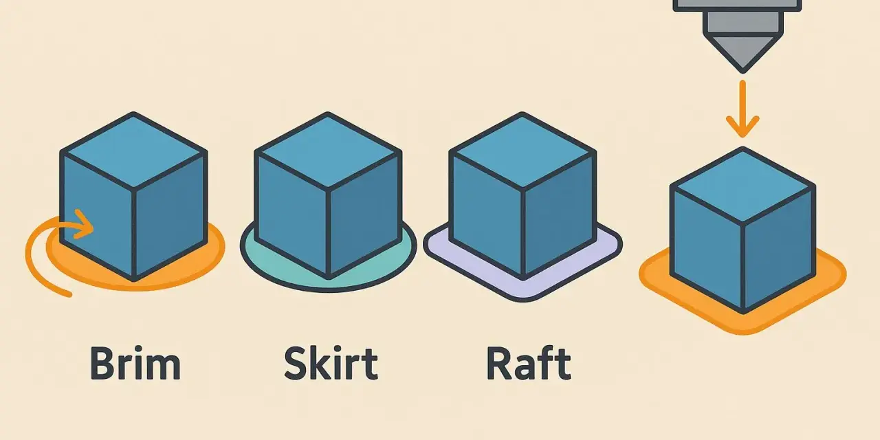 Ilustracja porównuje Brim, Skirt i Raft – elementy pomocnicze w druku 3D. Raft tworzy szeroką, płaską podstawę pod model.