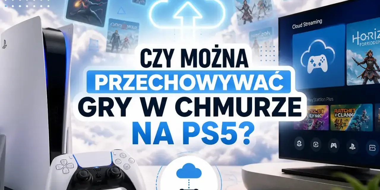 Konsola PS5, kontroler i ekran z grami w chmurze. Czy gry na PS4 działają na PS5? Sprawdź, jak przechowywać gry w chmurze na PS5.