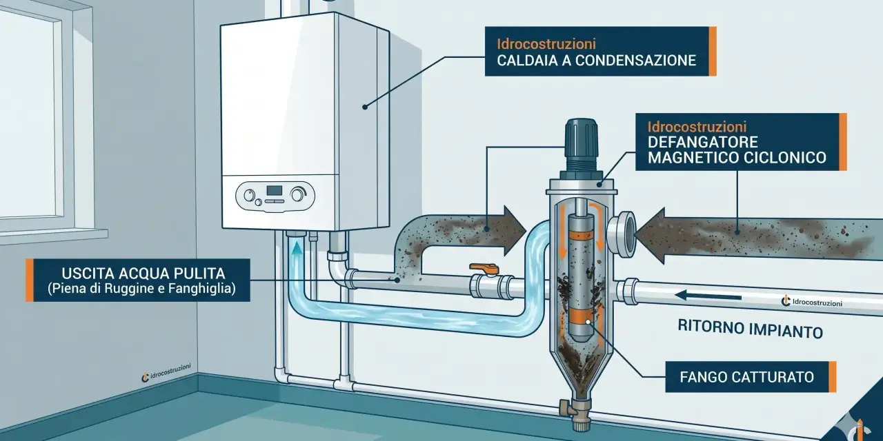 Il defangatore magnetico ciclonico serve a rimuovere ruggine e fanghiglia dall'acqua della caldaia, garantendo un ritorno impianto pulito.