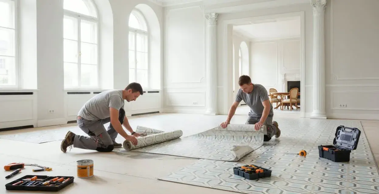 Due operai impegnati nella posa linoleum in un elegante salone con grandi finestre.