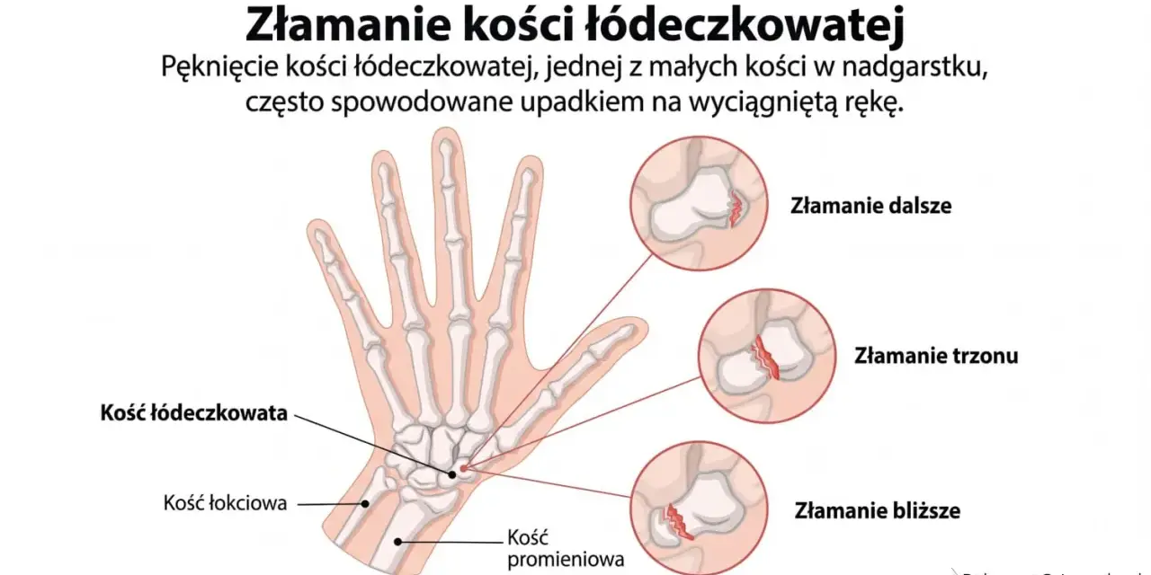 Ilustracja pokazuje złamanie kości łódeczkowatej nadgarstka, z zaznaczonymi miejscami pęknięcia: dalszym, trzonu i bliższym.