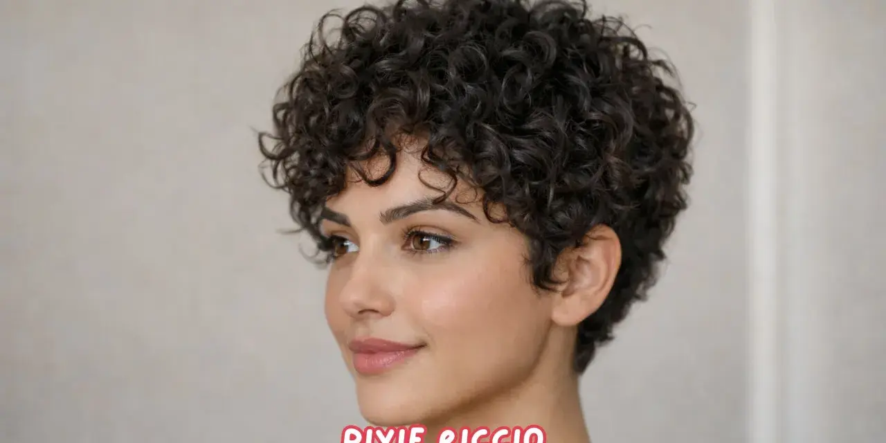 Tagli capelli corti ricci sbarazzini, un pixie cut voluminoso e definito che incornicia il viso con naturalezza.
