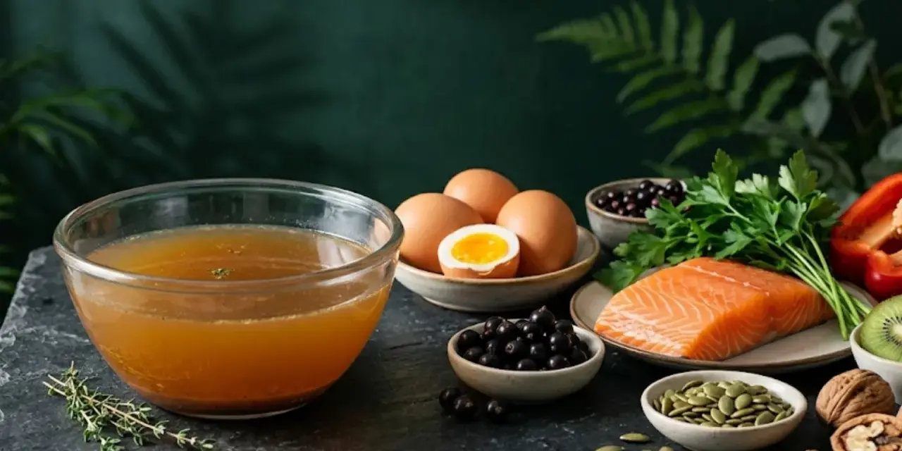 Bulion, łosoś, jajka, jagody, papryka, kiwi, orzechy i pestki dyni – to produkty, w czym jest kolagen.