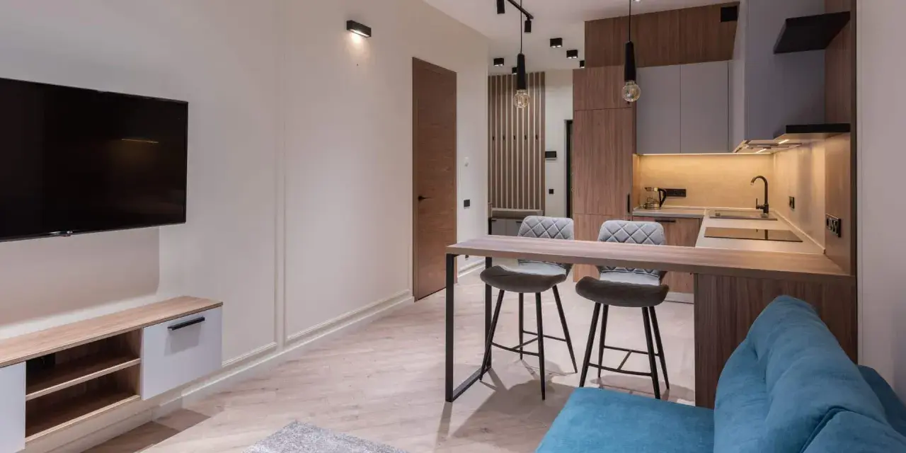 Un studio étudiant moderne avec coin cuisine, bar et salon. Idéal pour un deco studio etudiant fonctionnel et stylé.