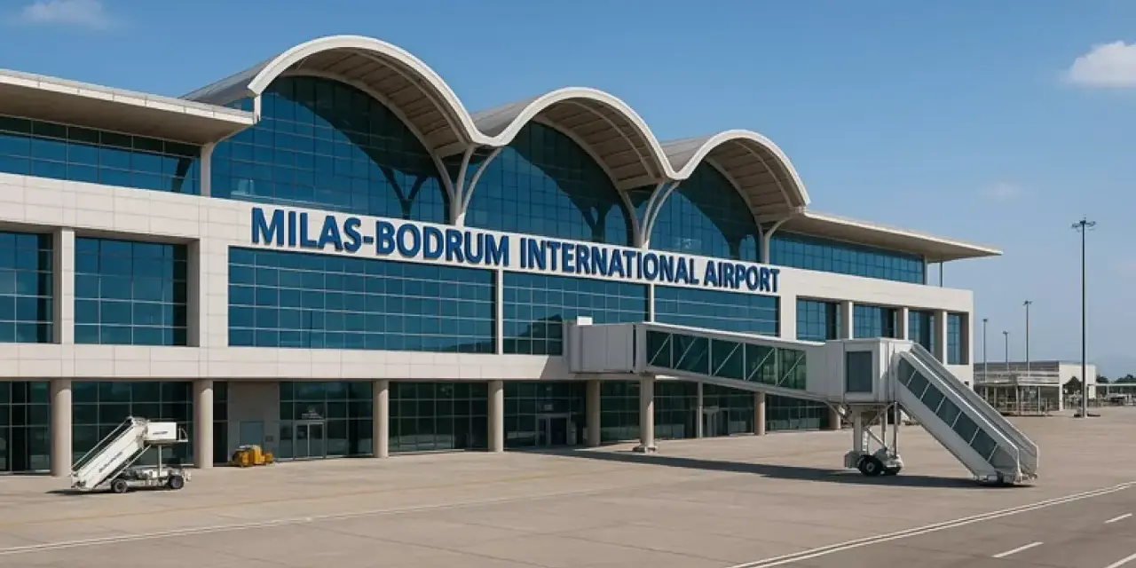 Nowoczesny budynek lotniska Milas-Bodrum International Airport z charakterystycznymi łukami dachu i przeszkloną fasadą.