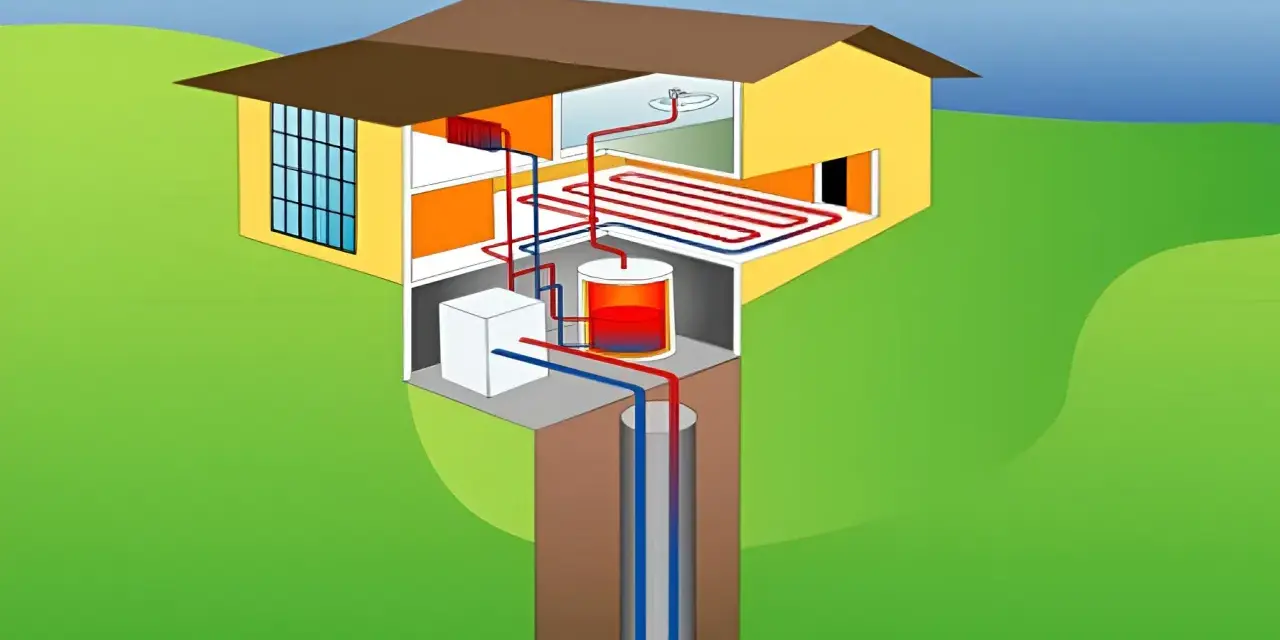 Sistema de geotermia vertical que calienta una casa mediante un circuito subterráneo y radiadores.