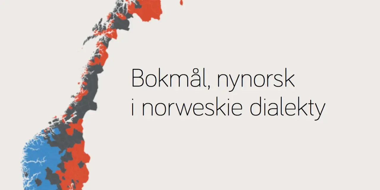 Mapa Norwegii z zaznaczonymi obszarami używania bokmål, nynorsk i norweskich dialektów.