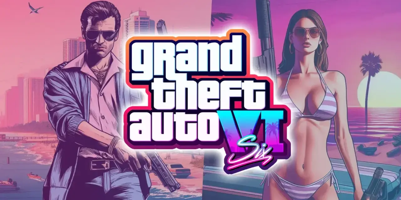 El logo de Grand Theft Auto VI con un hombre armado y una mujer en bikini. ¡Todos preguntan: que dia sale el GTA 6!
