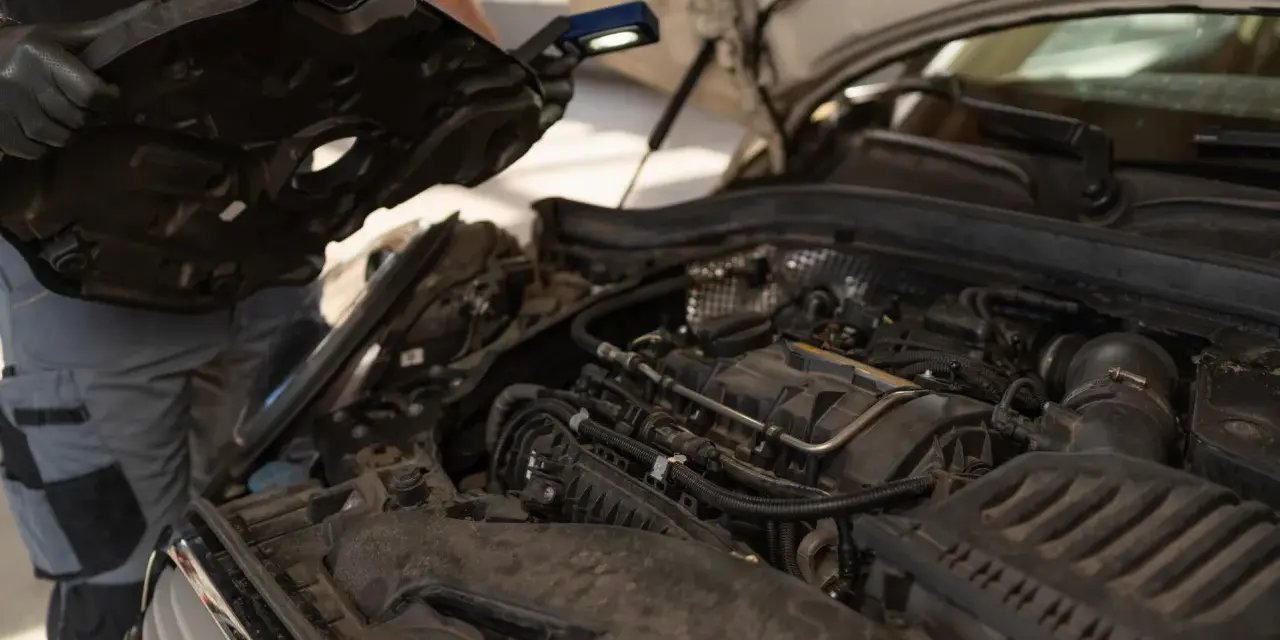 Mechanik sprawdza silnik, szukając objawów przegrzania. Widać elementy silnika i narzędzia.