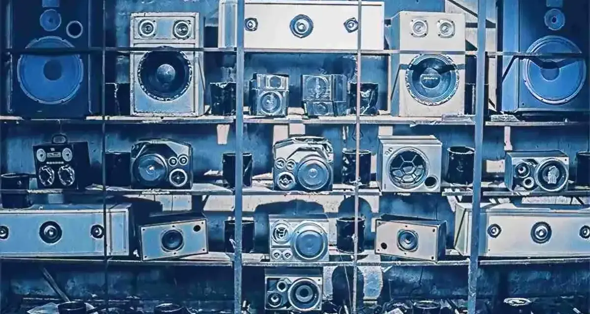 Regale voller Lautsprecher, die an die lofi bedeutung von entspannter Musik erinnern.