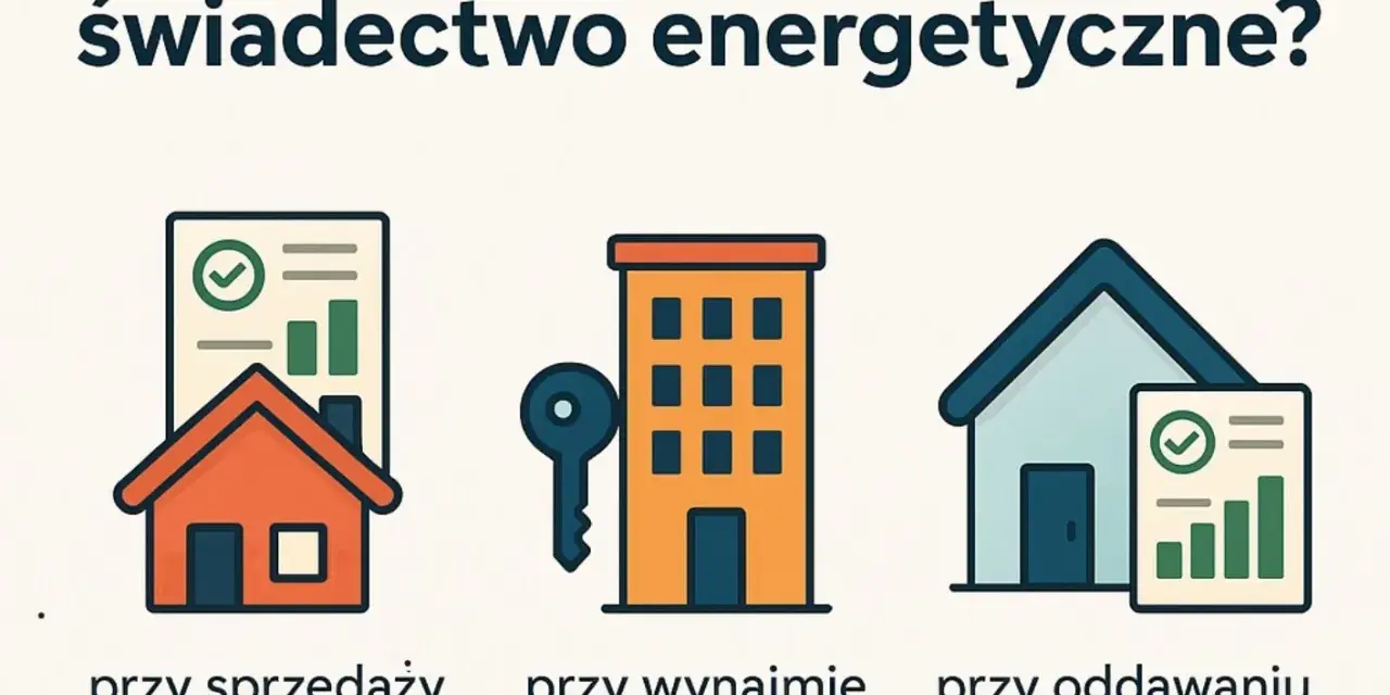 Świadectwo energetyczne budynku jest wymagane przy sprzedaży, wynajmie lub oddaniu budynku do użytkowania. Grafika pokazuje te sytuacje.