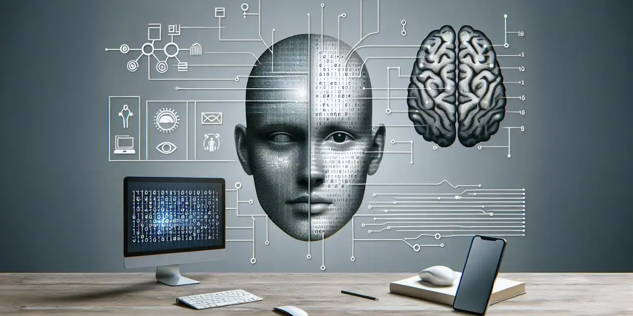 Cyfrowa twarz z kodem binarnym, mózg i ikony technologii. Rozpoznawanie twarzy (face id) w erze sztucznej inteligencji.