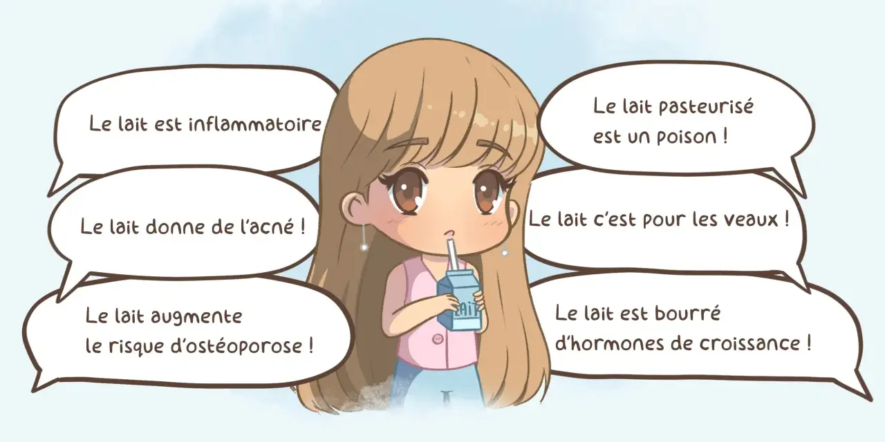 Une jeune fille boit du lait, entourée de bulles de dialogue affirmant que le lait pasteurisé c'est quoi, qu'il est inflammatoire, donne de l'acné, est pour les veaux, et plein d'hormones.