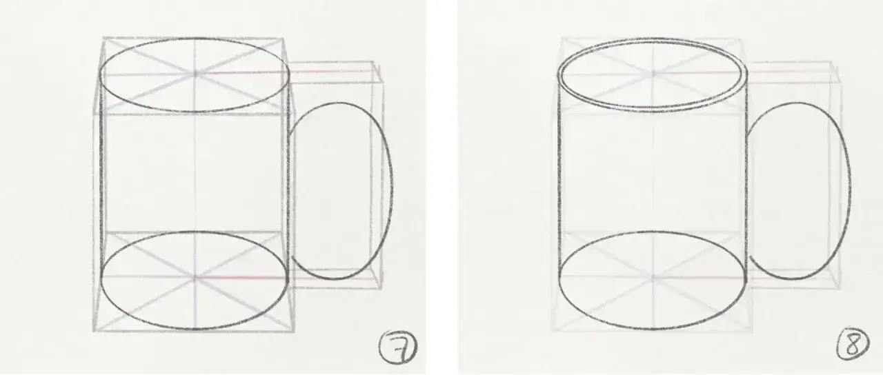 Deux croquis de tasses, montrant le type de perspective utilisé pour représenter les formes cylindriques et leur anse.