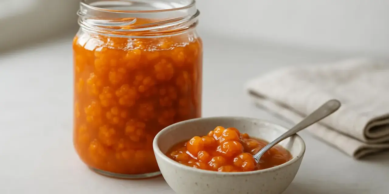 En burk och en skål med gyllene hjortronsylt. Perfekt för ditt hjortronsylt recept.
