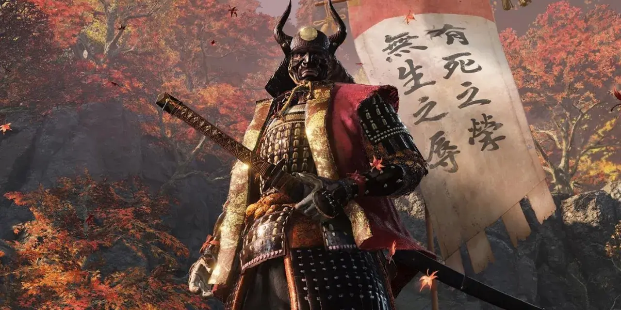Guerrero samurái con armadura y katana, listo para la batalla. El espíritu de Sekiro no defeat se siente en el aire otoñal.
