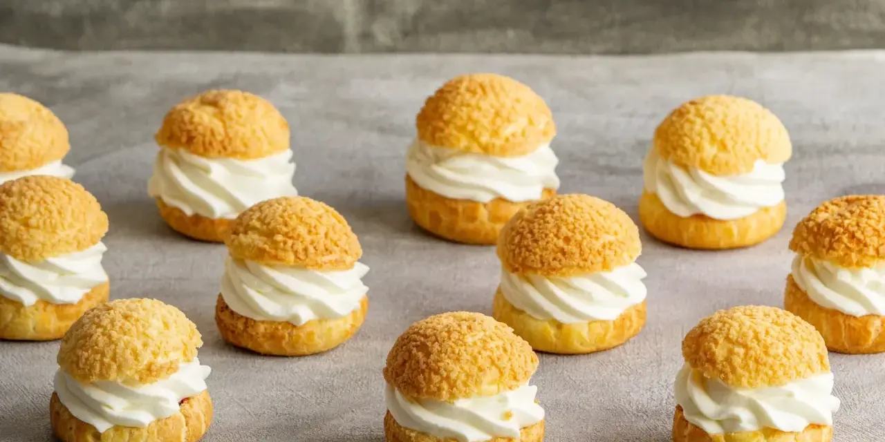 Douze petits choux pâtisseries garnis d'une crème onctueuse, prêts à être dégustés.