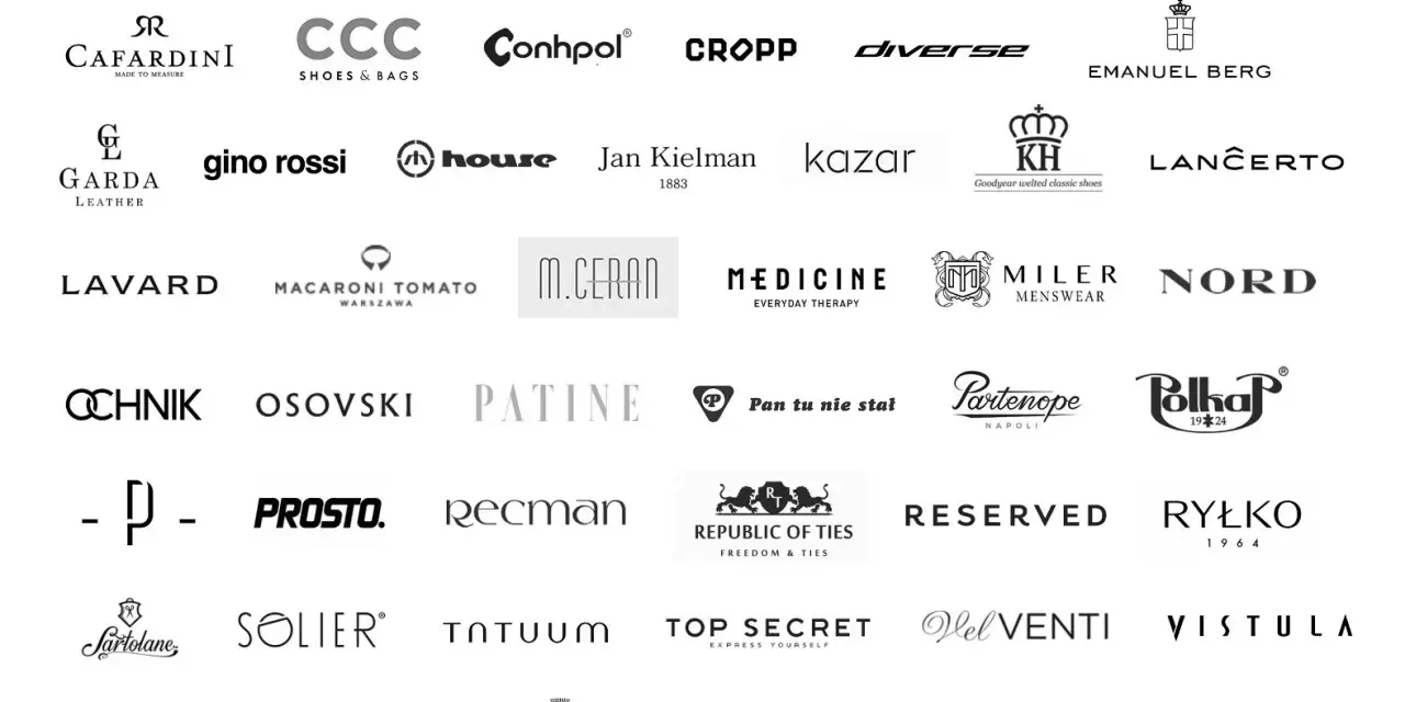 Logotypy polskich marek ubrań na k: 4F, Adam Baron, Big Star, Benevento, Bytom, Cafardini, CCC, Conhpol, Cropp, Diverse, Emanuel Berg, Garda Leather, Gino Rossi, House, Jan Kielman, Kazar, KH, Lancerto, Lavard, Macaroni Tomato, M.Ceran, Medicine, Miler...