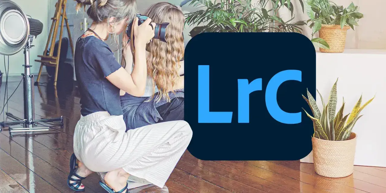 Fotografka robi zdjęcie, a obok logo Lightroom. Odkryj możliwości edycji zdjęć z Lightroom free.