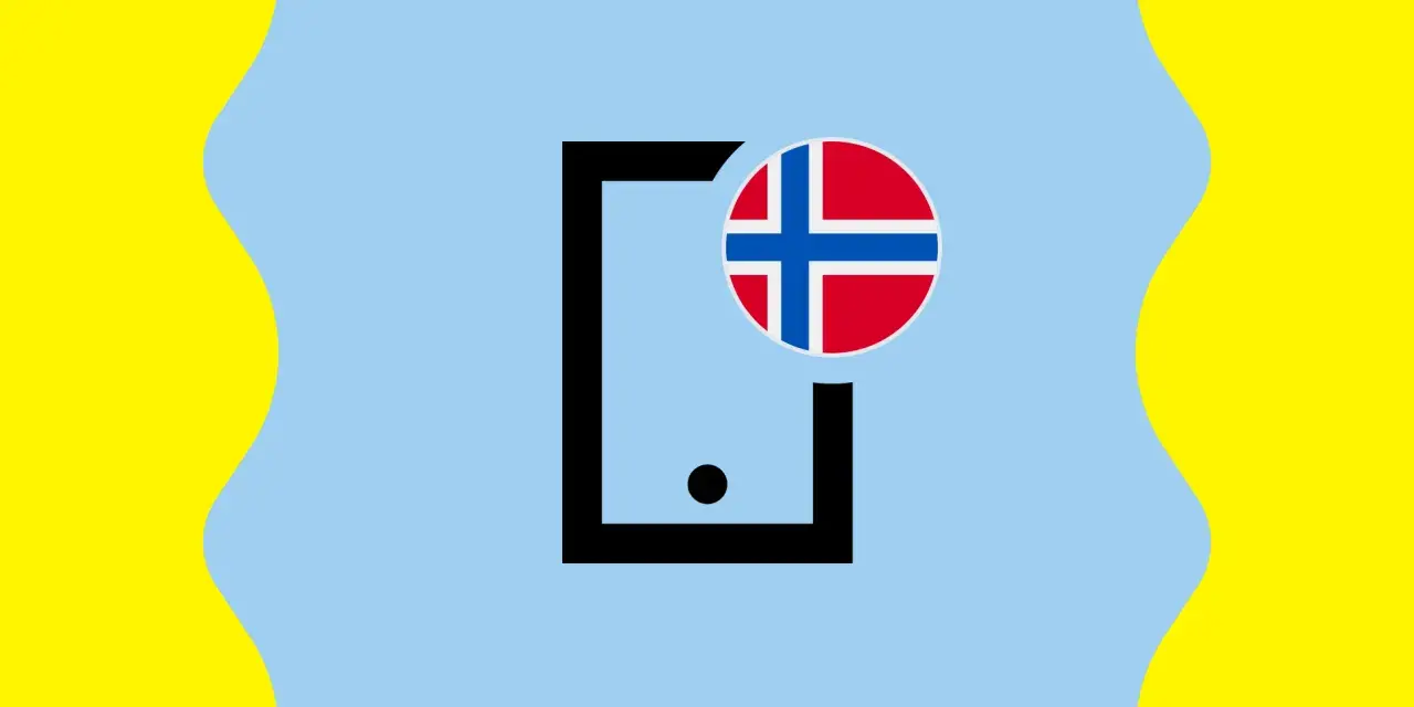 Ikona telefonu z flagą Norwegii na jasnoniebieskim tle z falistymi żółtymi bokami.