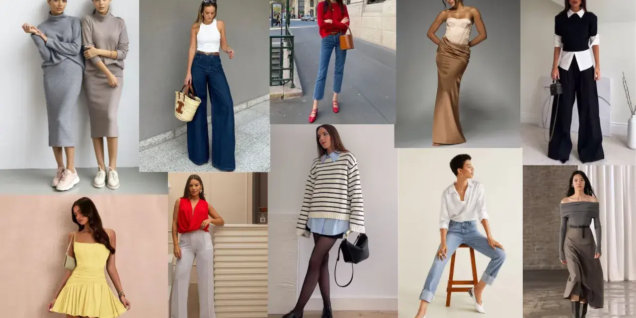 Collage di outfit semplici ma eleganti: abiti lunghi, pantaloni a palazzo, gonne midi e top chic.