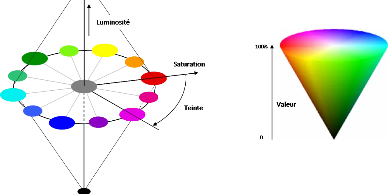 Modèle de couleur TSL : roue chromatique montrant la teinte, la saturation et la luminosité, et un cône de couleur représentant la valeur.