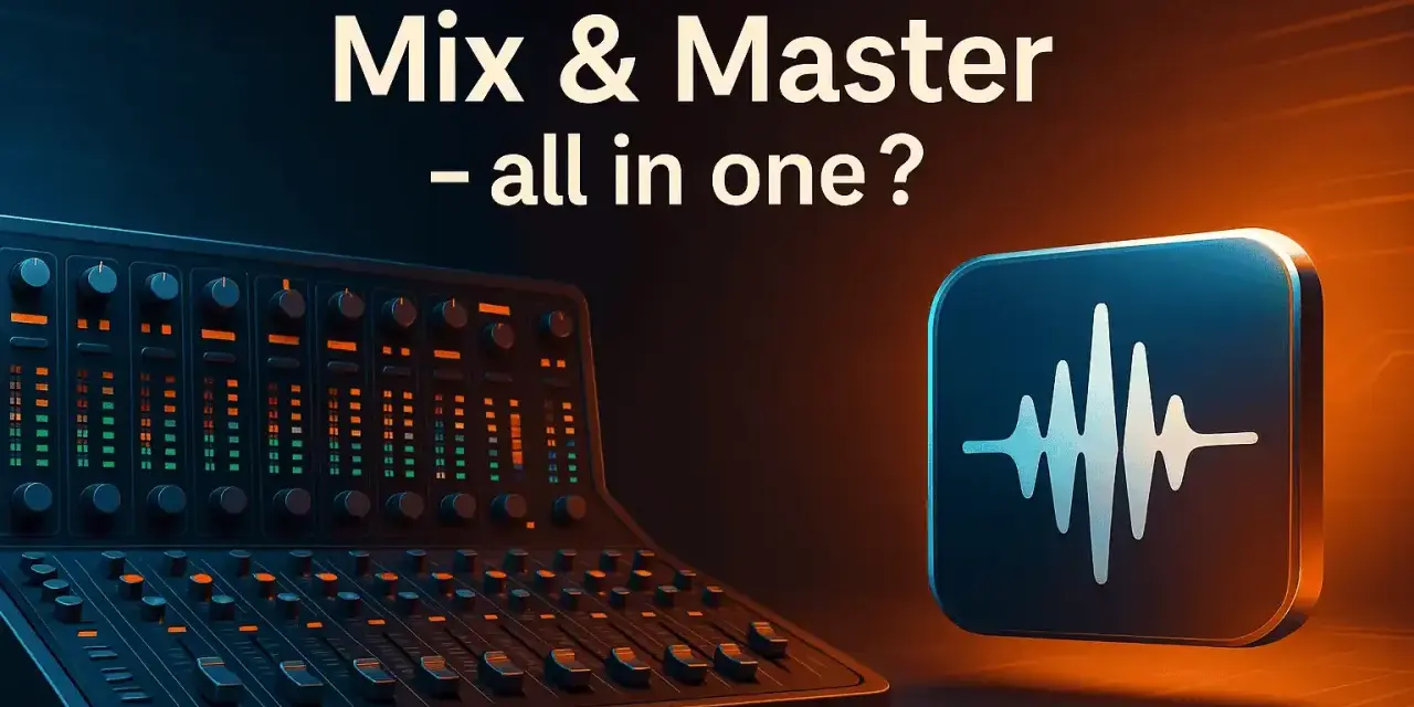 Ein Mischpult und ein Icon mit einer Schallwelle. Die Frage: Mix & Master – alles in einem?