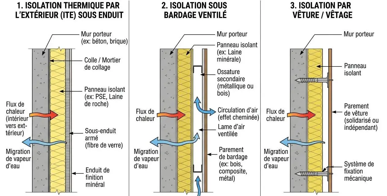 Diagramme comparant trois systèmes d'isolation de façade : ITE sous enduit, bardage ventilé et vêture. L'isolation sous enduit présente un flux de chaleur et une migration de vapeur d'eau.