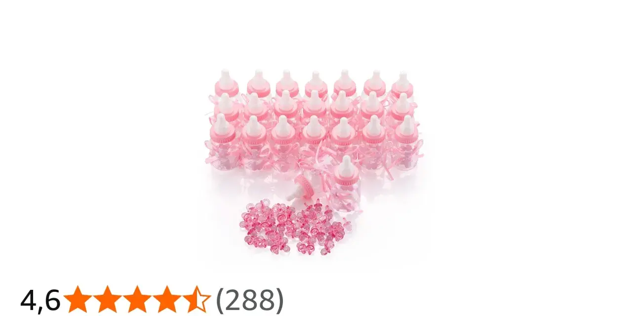 En stor godisask med många små rosa nappflaskor dekorerade med rosetter och små nappar.