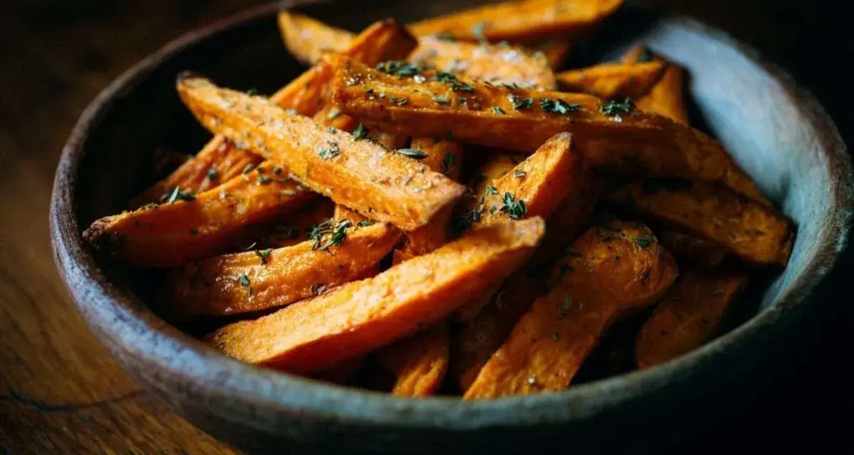 Un bol en bois rempli de frites de patate douce dorées et assaisonnées d'herbes.