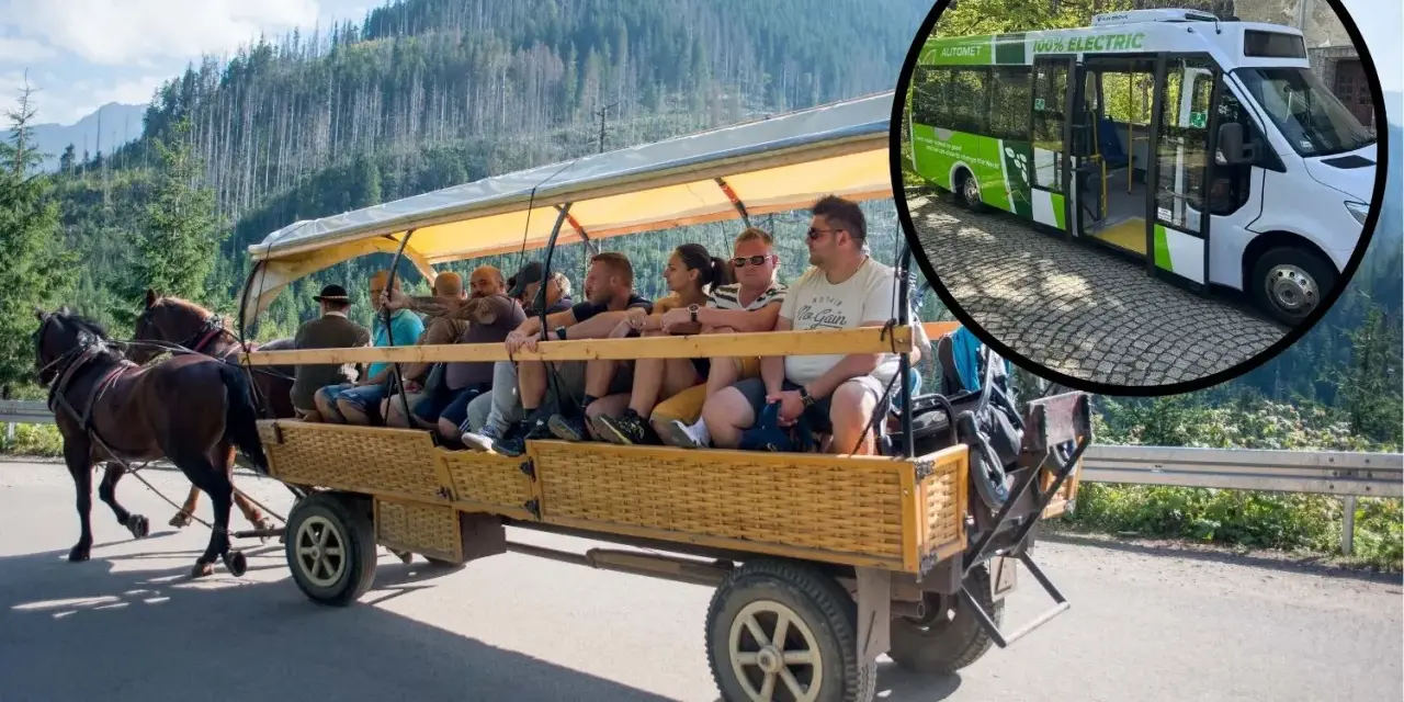 Tradycyjny wóz konny i nowoczesny bus elektryczny w Bukowinie Tatrzańskiej. Sprawdź cennik przejazdu do Morskiego Oka.