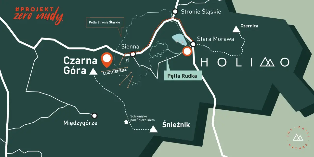 Mapa szlaku #PROJEKT zero nudy. Czarna Góra, Międzygórze, Śnieżnik, Stronie Śląskie.