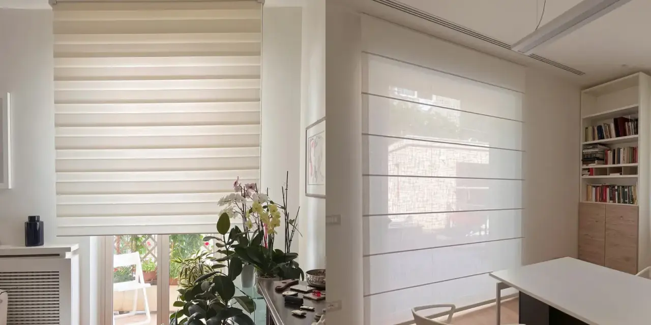 Due tende moderne, una a rullo a strisce alternate e una a pacchetto, mostrano la loro lunghezza ideale per ogni ambiente.