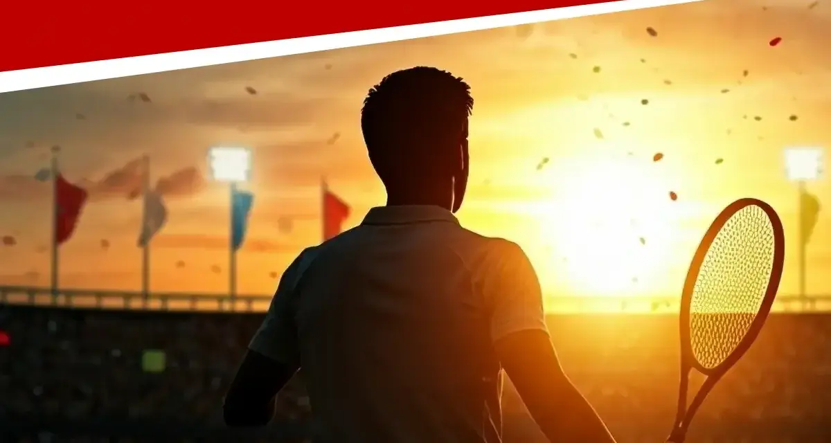 Un tenista con raqueta en mano, silueta contra el atardecer. La pregunta "¿A qué hora juega Djokovic?" flota en el aire.