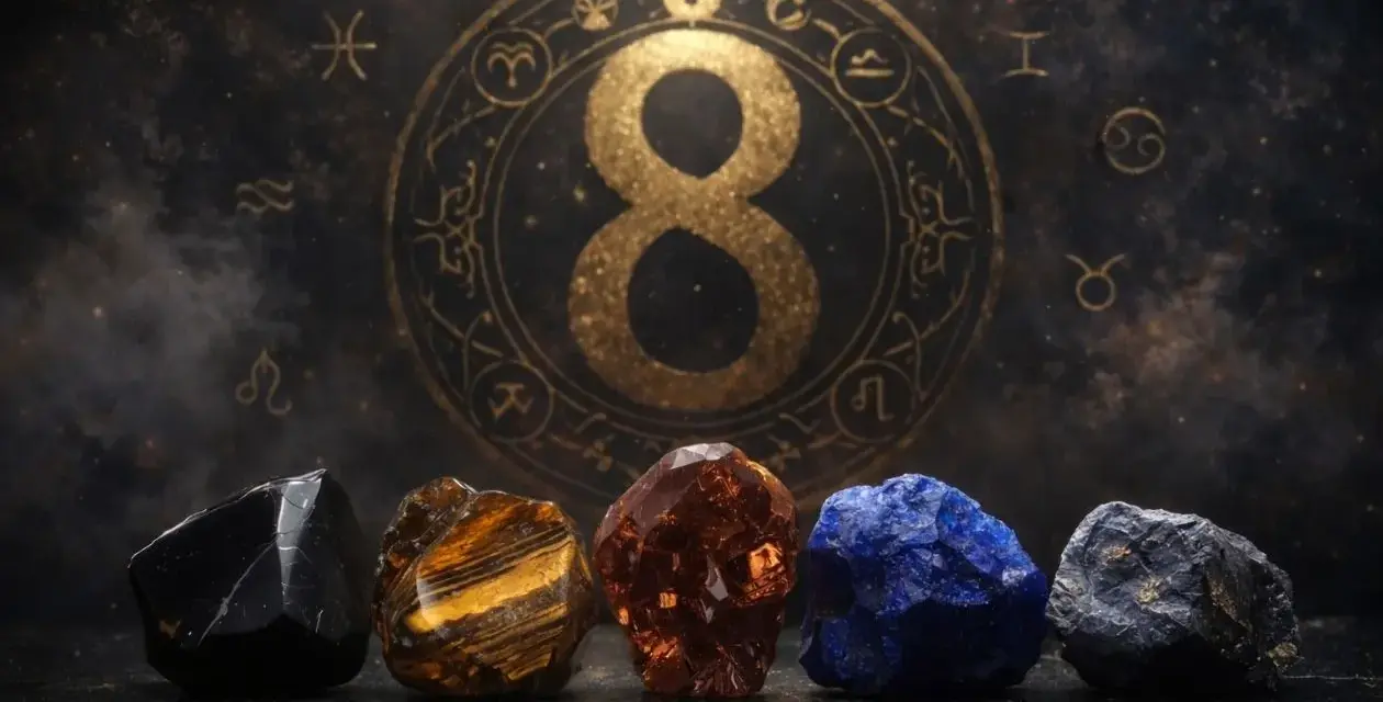 Pięć kryształów przed złotym znakiem nieskończoności i zodiaku. Numerologiczna 8 symbolizuje moc i równowagę.