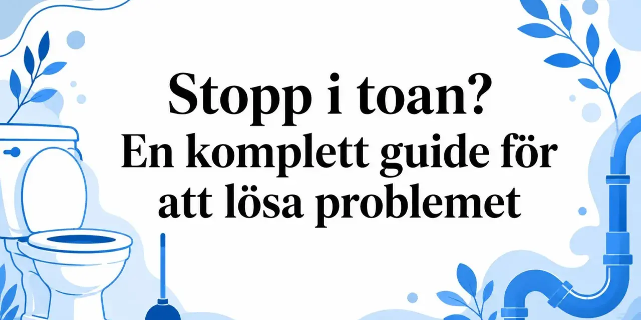 Stopp i toaletten? En komplett guide för att lösa problemet. Bilden visar en toalett och en sugpropp, med texten "Stopp i toan? En komplett guide för att lösa problemet".
