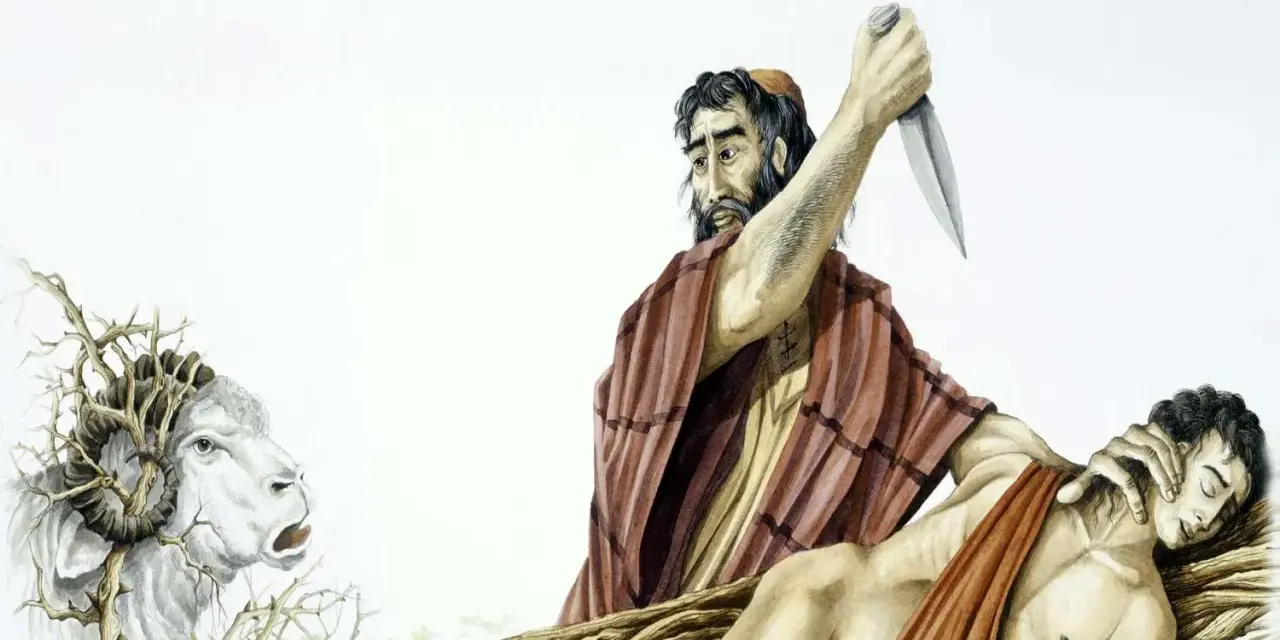 Abraham, a key figure in the Bible, is shown about to sacrifice his son Isaac. A ram caught in thorns is nearby.