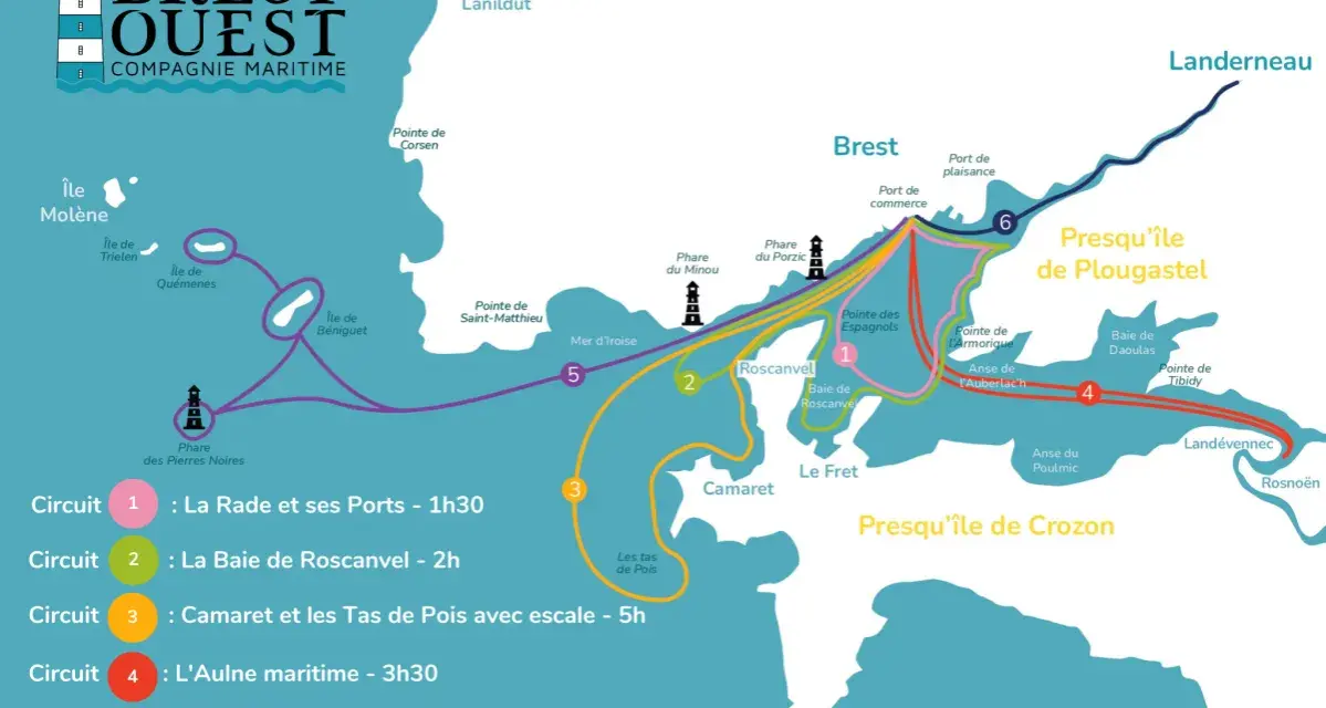Carte des circuits maritimes de Brest Ouest. Une promenade bord de mer à Brest révèle 6 parcours, de la rade à la presqu'île de Crozon.