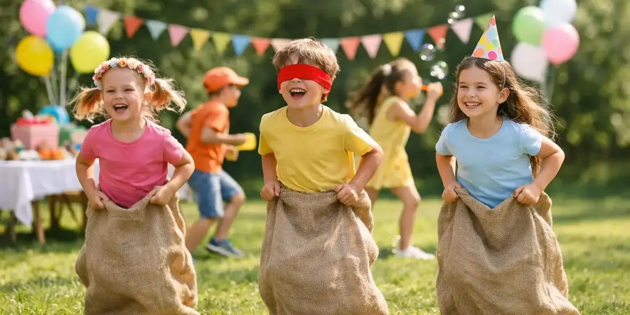 Barn hoppar i säckar under en fest. De skrattar och tävlar, det här är bäst i test lekar!