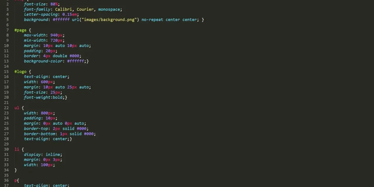 Kod CSS dla strony: body ma font-size 80%, font-family Calibri, Courier, monospace. #logo ma font-size 25px.