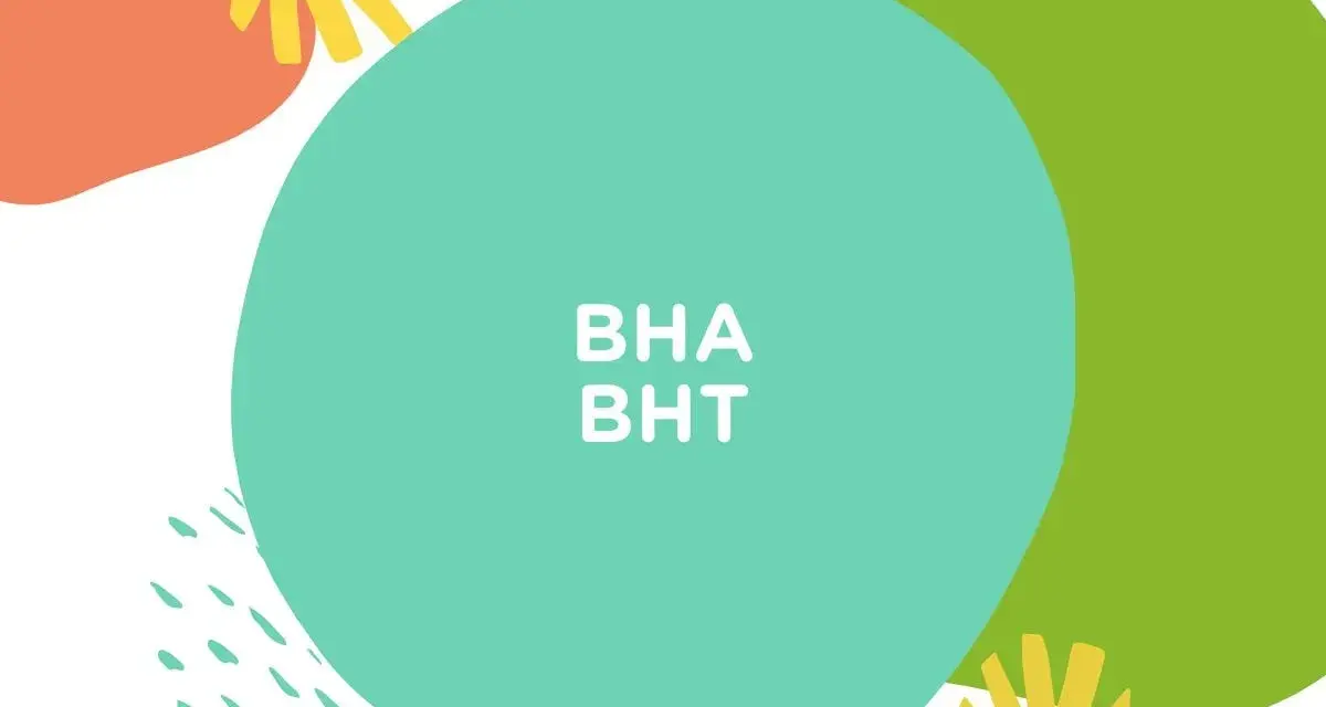 BHA i BHT w kosmetykach. Kolorowe plamy i napisy na białym tle.