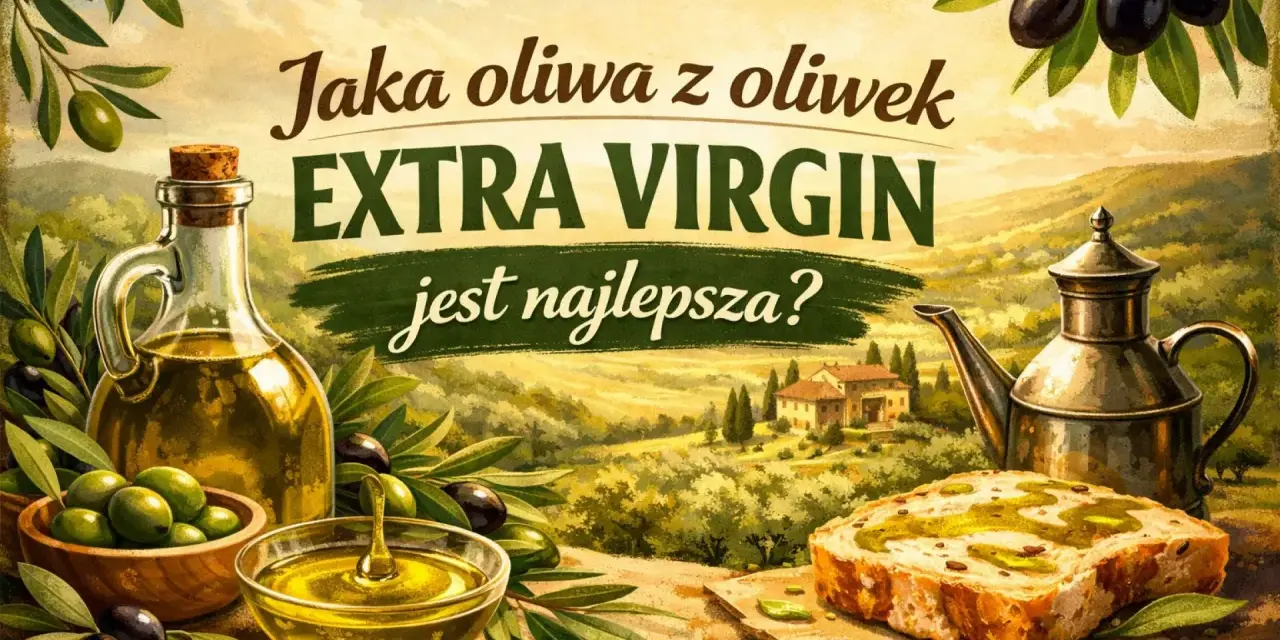 Jaka oliwa z oliwek EXTRA VIRGIN jest najlepsza? Butelka, miseczka i chleb z oliwą na tle śródziemnomorskiego krajobrazu.