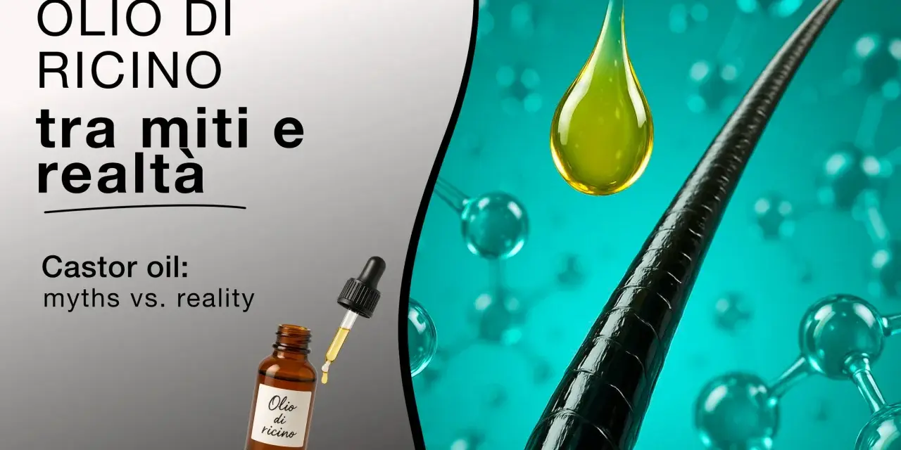 Olio di ricino per ciglia: una goccia dorata su una ciocca di capelli, tra molecole e realtà.