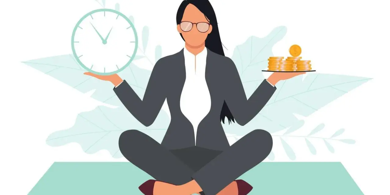 A woman in a suit meditates, balancing a clock in one hand and coins in the other. This illustrates what is self discipline: managing time and resources wisely.